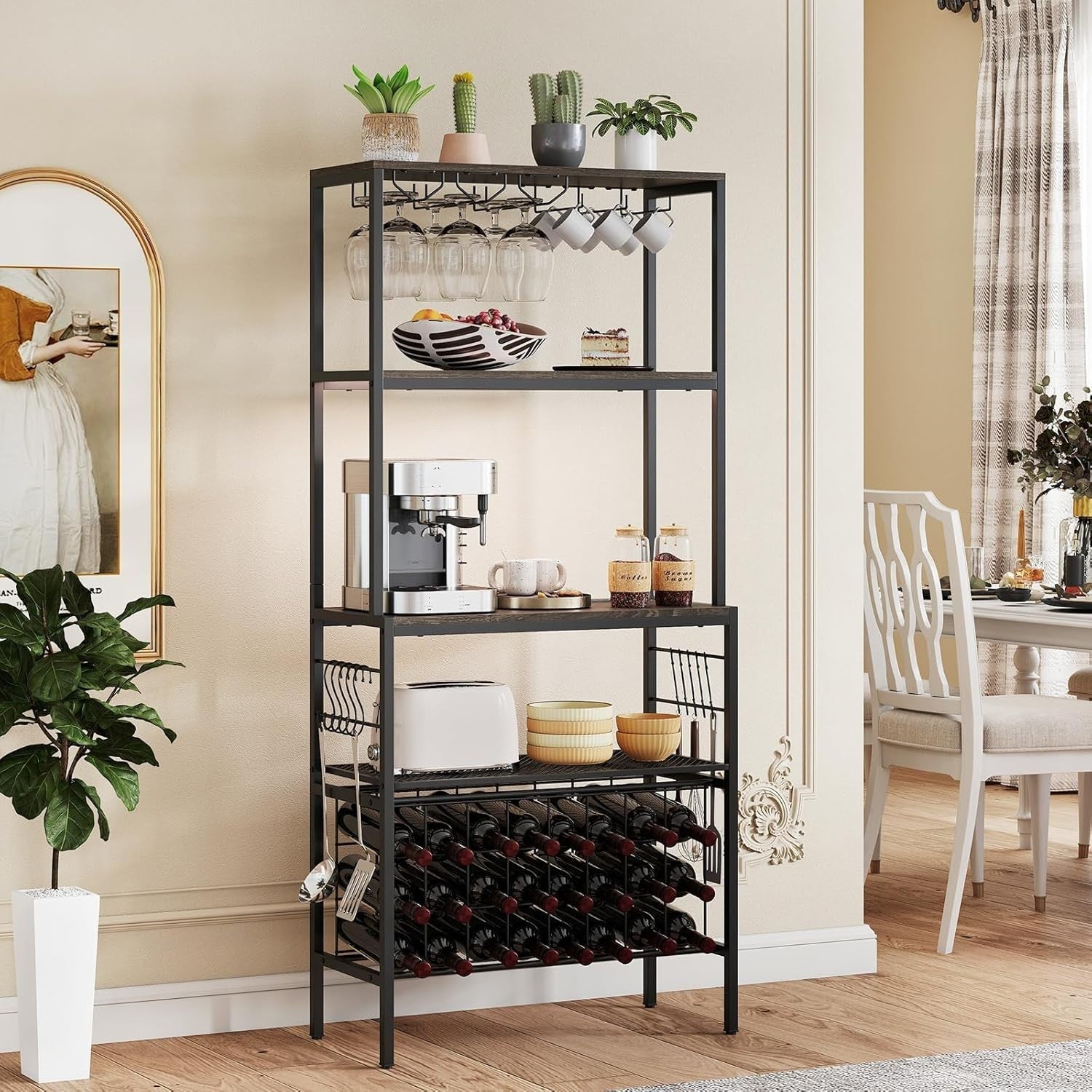 4 Tier Wine Rack Bar Cabinet with Power Outlets, 24 Bottle Storage