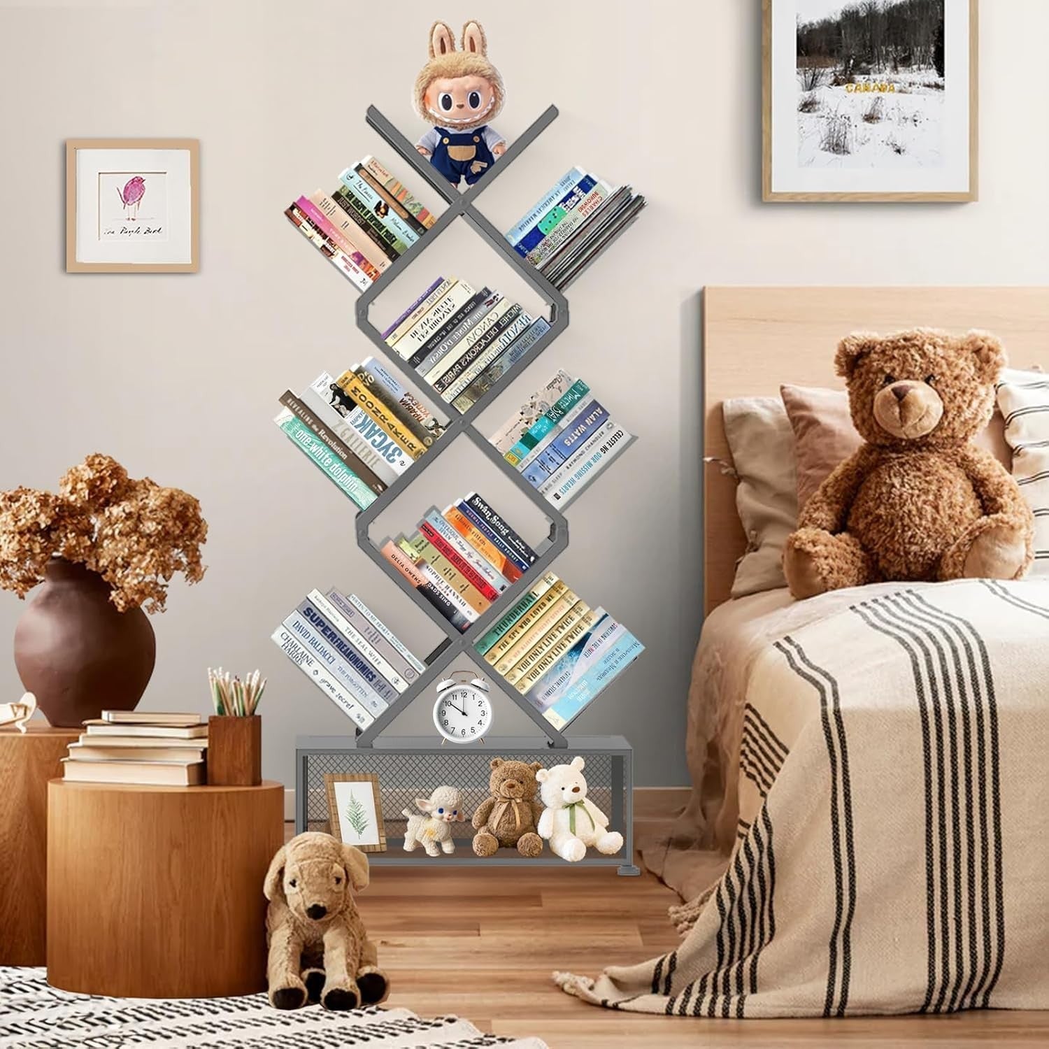 9 Tier Folding Tree Bookcase Metal Corner Bookshelf Free Standing Grey