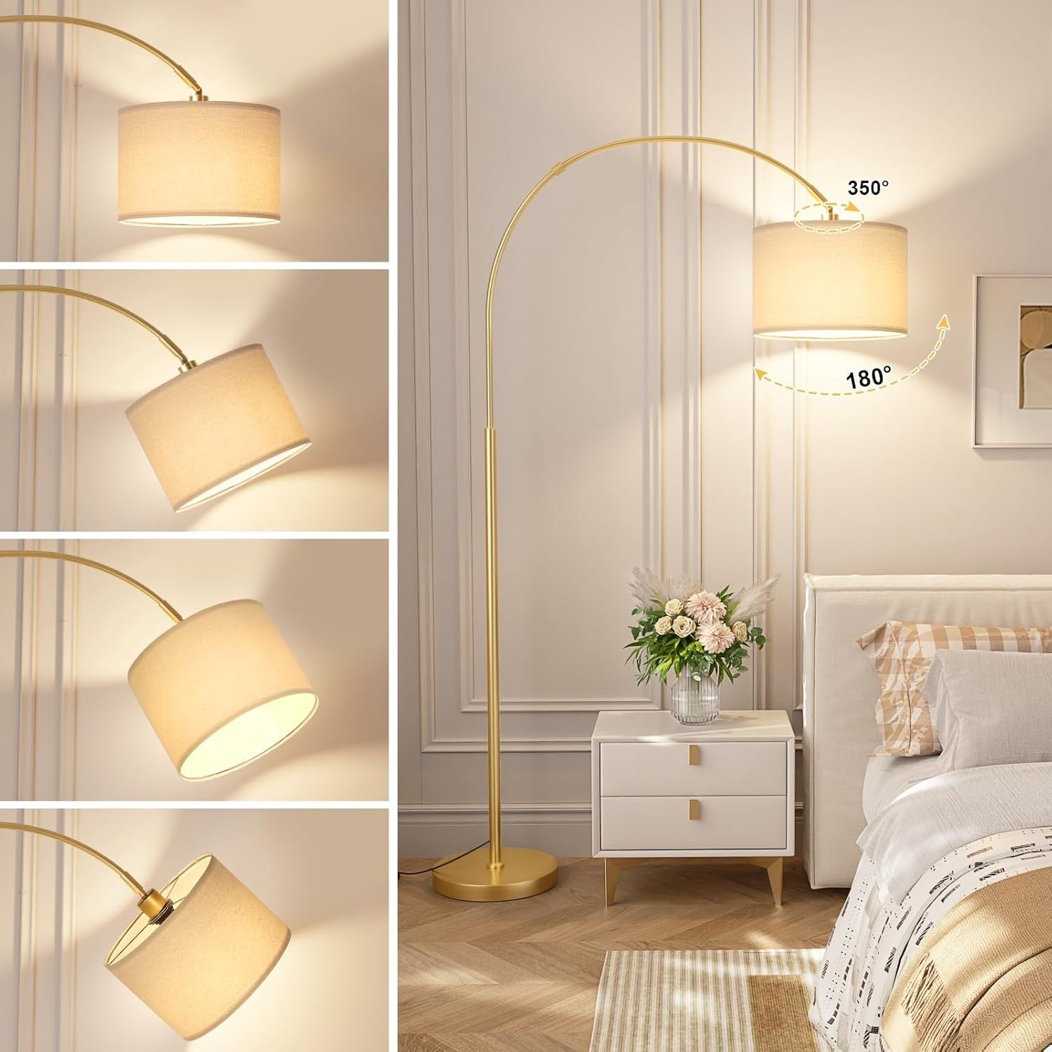 Gold Arc Floor Lamp Remote Dimmable Corner Standing Light Modern Tall Lamp