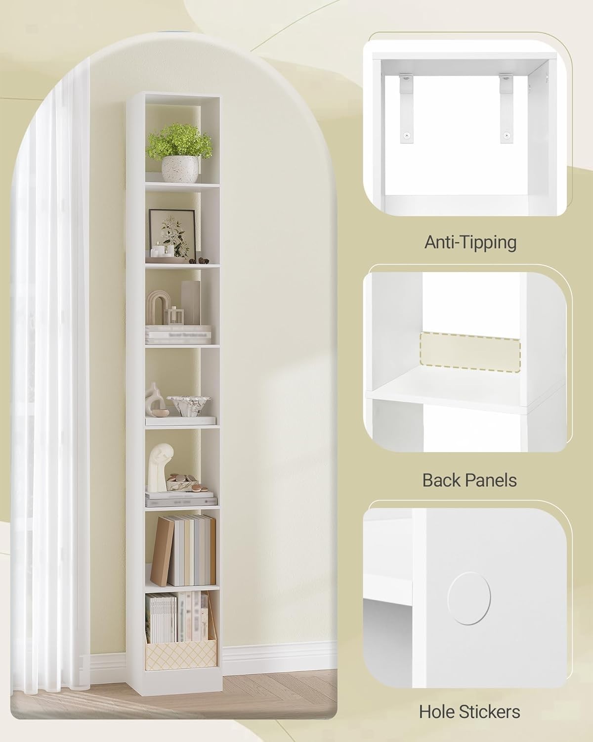 Modern 7-Tier White Wooden Bookshelf, Adjustable Shelves, 24x30x214 cm