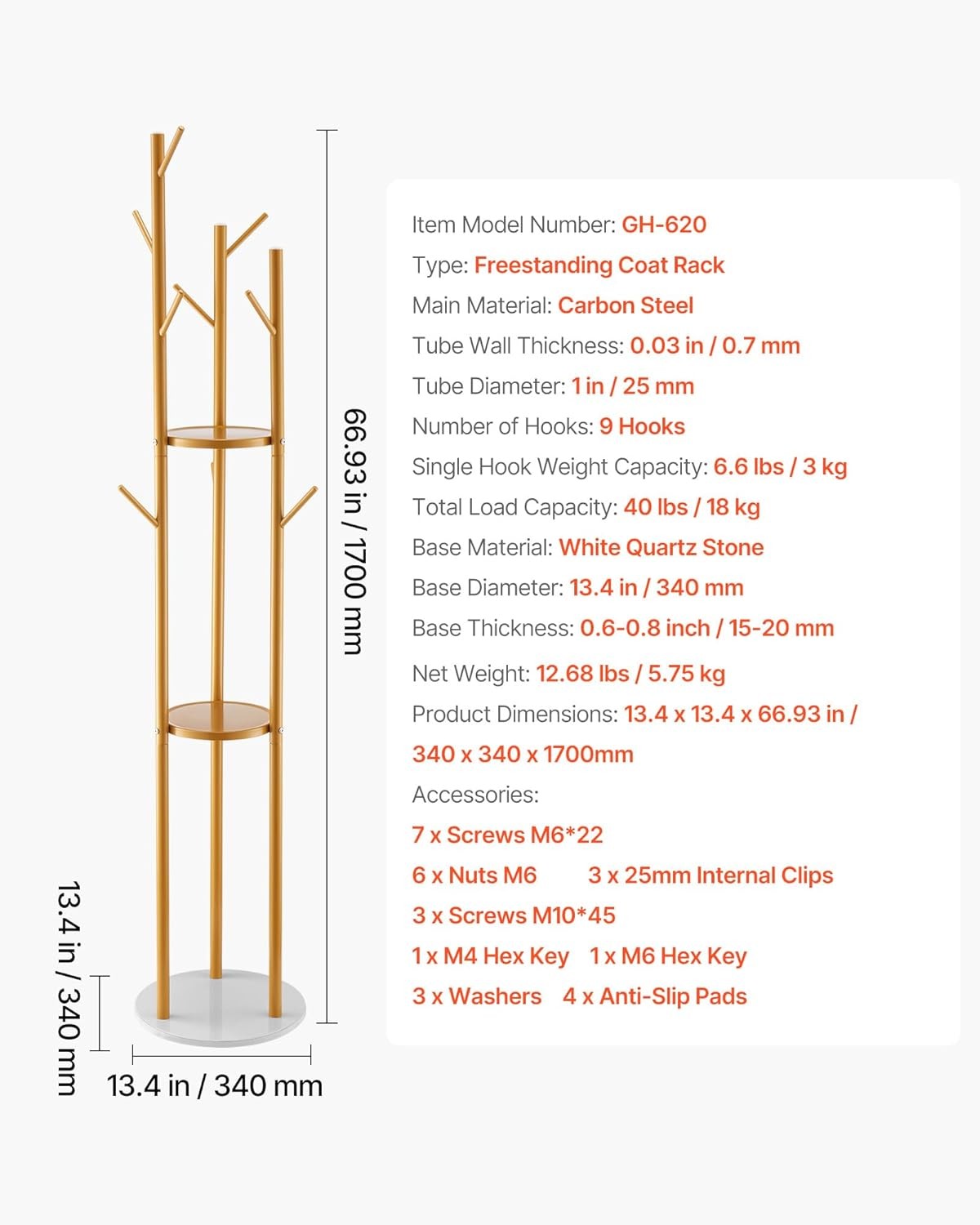 Freestanding Coat Rack with Quartz Stone Base | 9 Hooks Hall Tree Stand