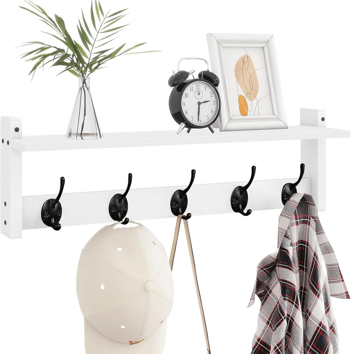24in White Wall Mounted Coat Rack with Shelf Entryway Hat Towel Bag Hooks