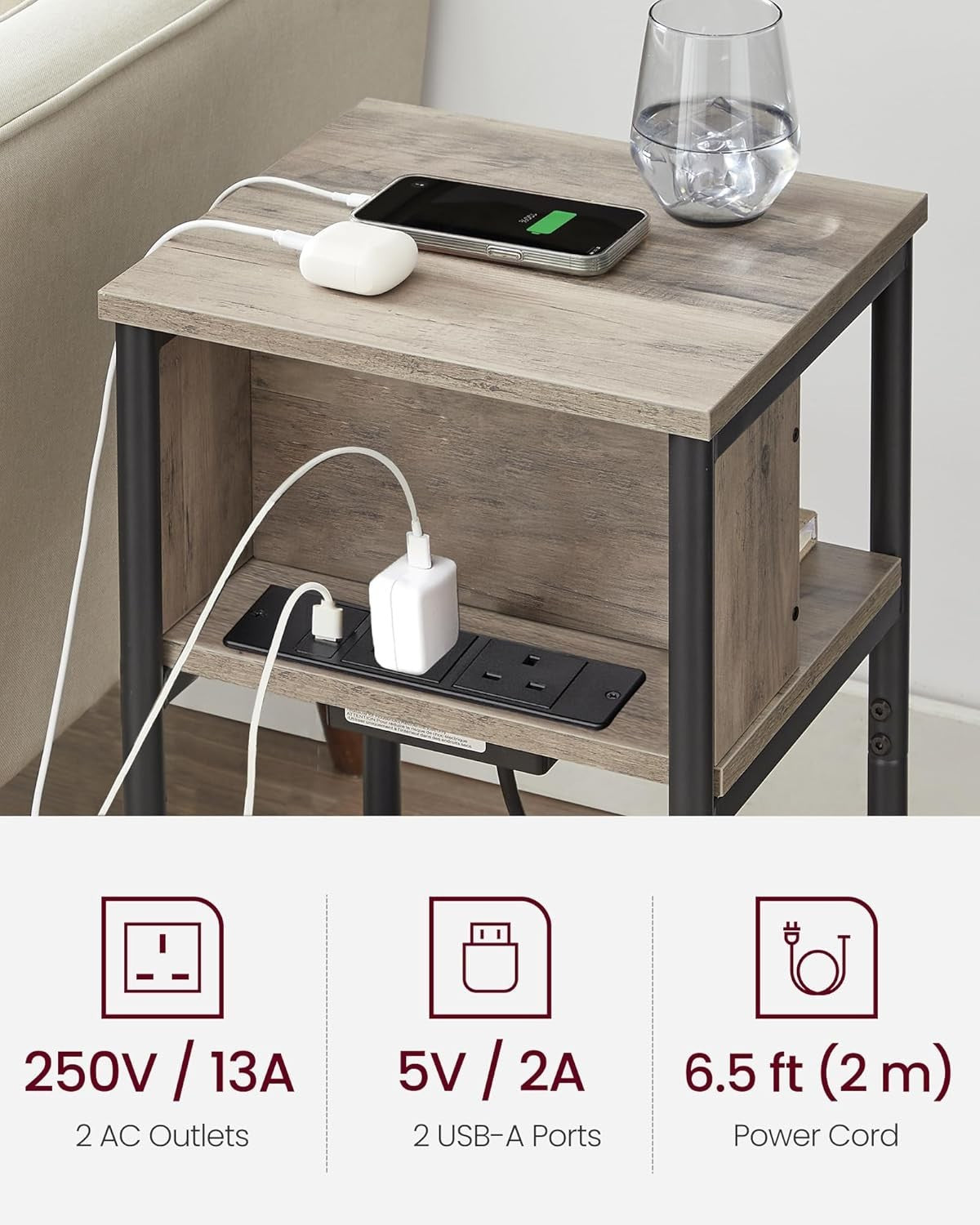 Narrow Side Table with USB & AC Charging Ports, 3-Tier 30x34x58cm Table