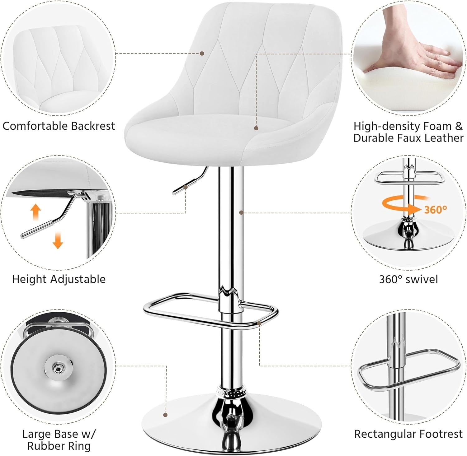 Adjustable Swivel Bar Stools with Backrest & Footrest – White