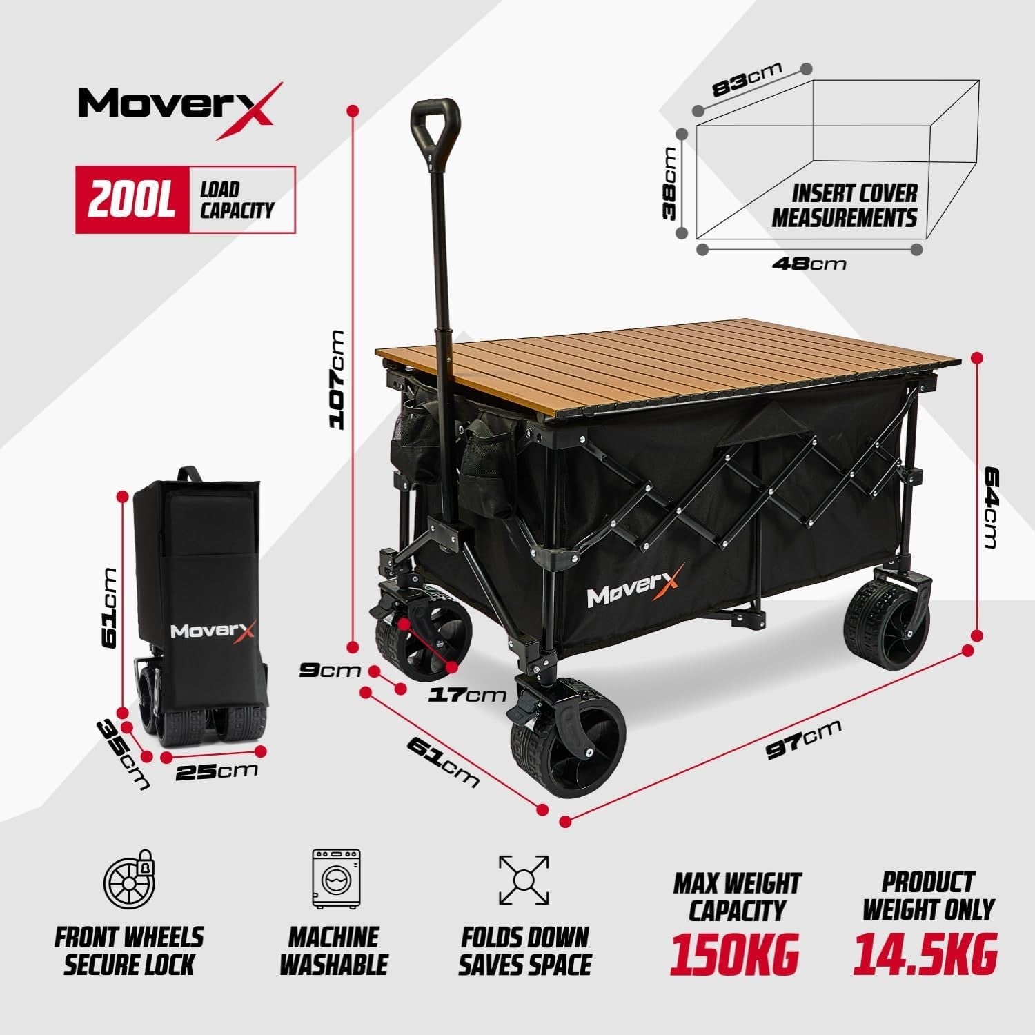 Black 200L Folding Camping Wagon with Table Festival Trolley Wide Wheel Cart