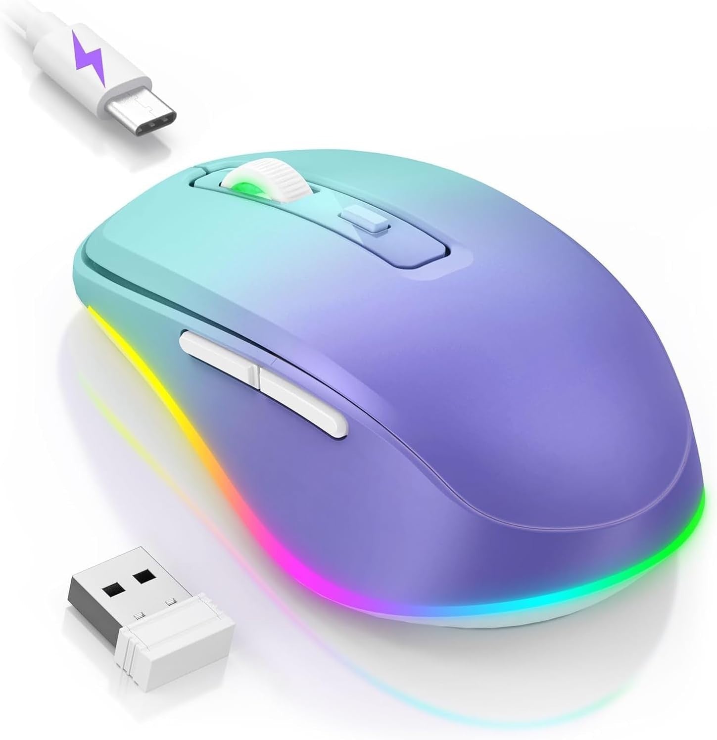 RGB Wireless Mouse Rechargeable Silent USB Jiggler Green Purple