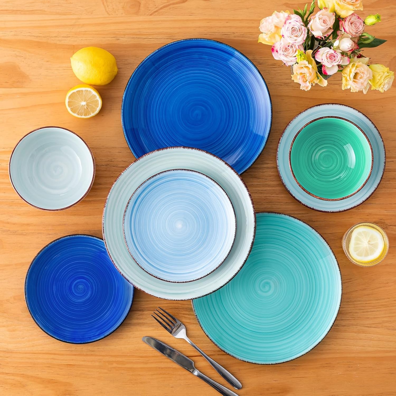 18pc Stoneware Dinner Set Blue Plates Bowls Hand Painted Spiral Design