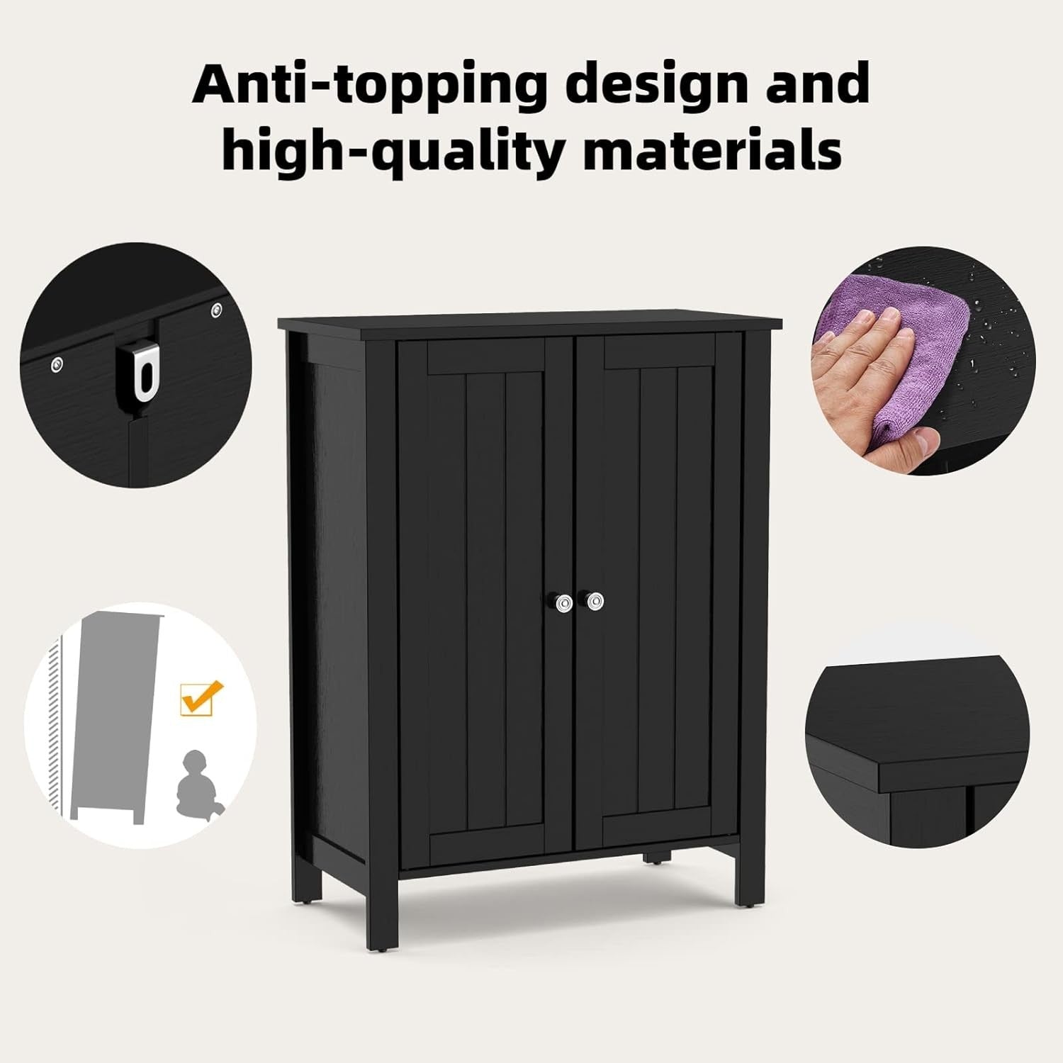 Adjustable Bathroom Floor Cabinet 3-Shelf Storage Organizer 60x30x80cm Black