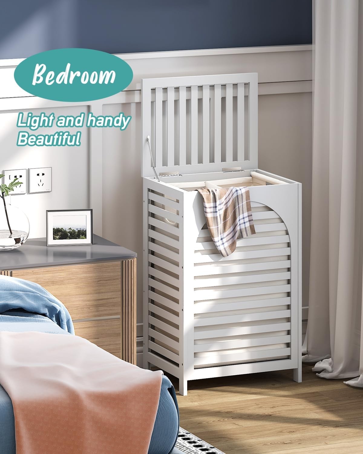 White Bamboo Laundry Hamper 85L with Lid & Removable Liner | Ventilated Clothes