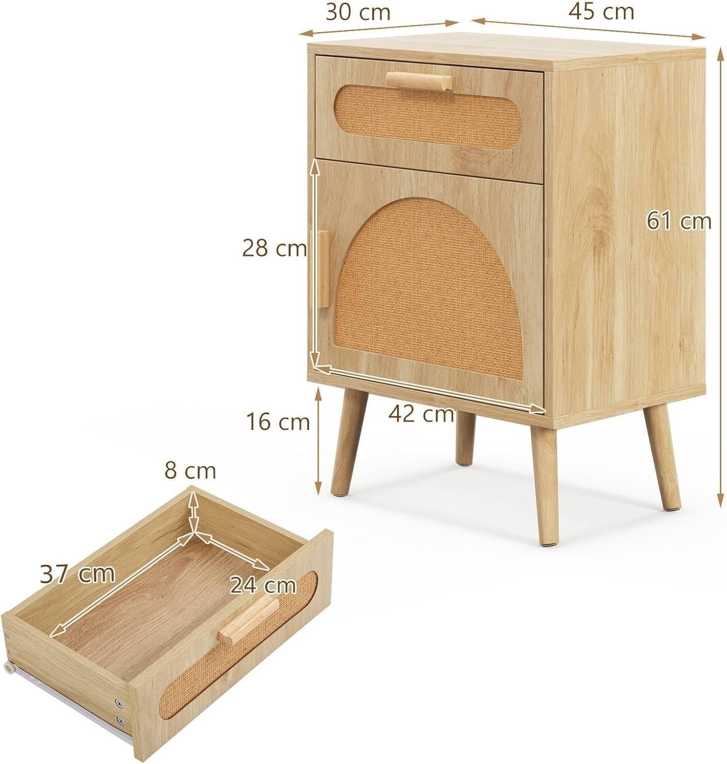 Wooden Rattan Bedside Tables Set of 2 | Boho Nightstands with Storage & Shelf