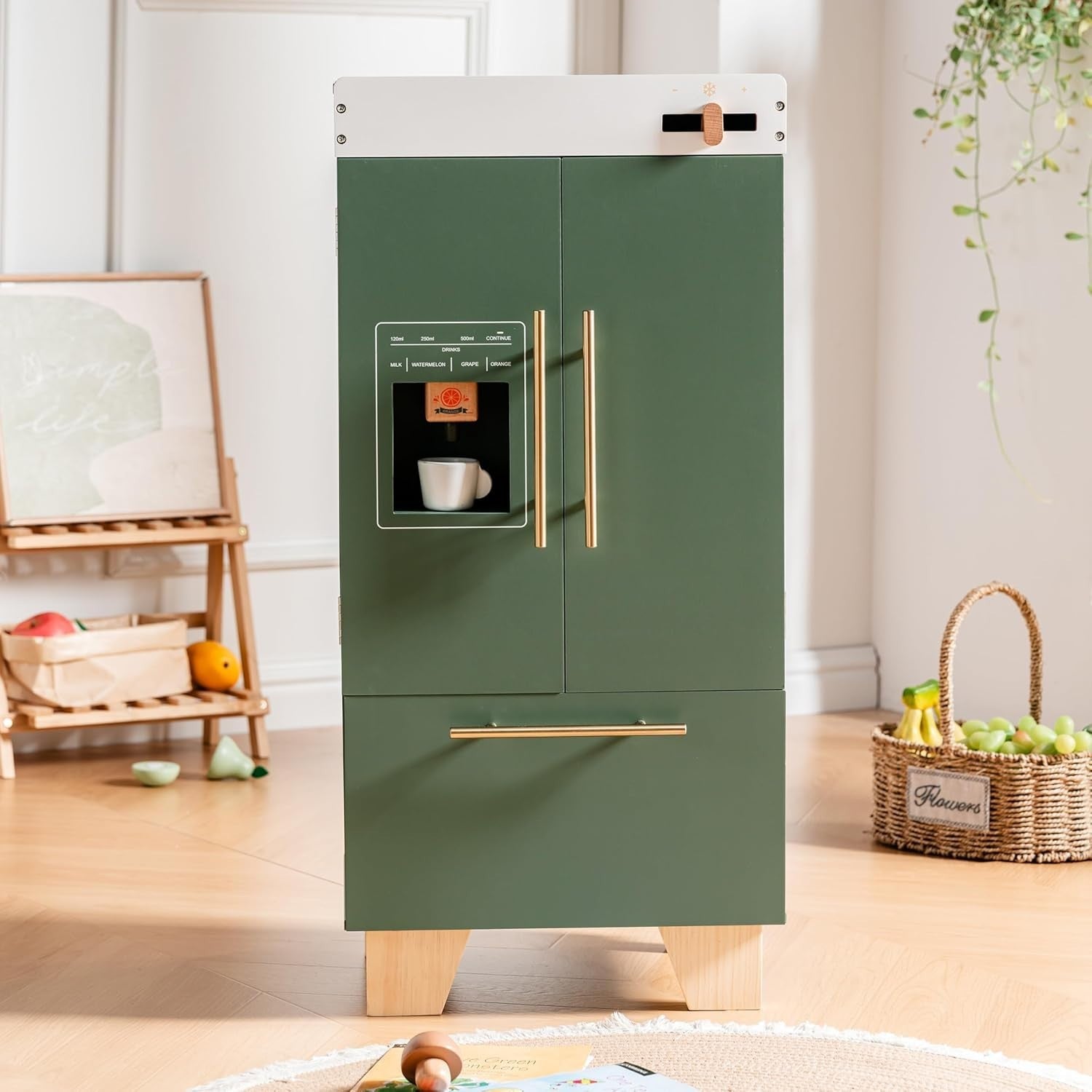 Wooden Kids Toy Fridge Vintage Green Pretend Kitchen Refrigerator