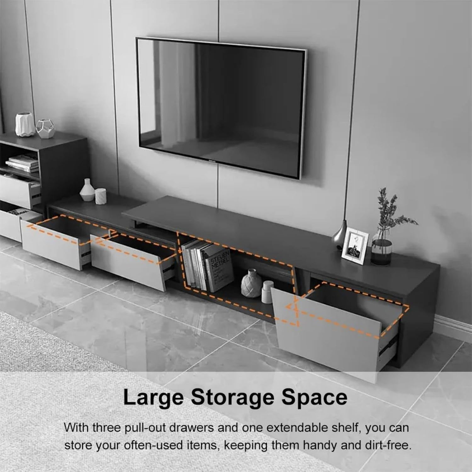 Extendable TV Console Gray with 3 Drawers Modern Entertainment Stand 110"