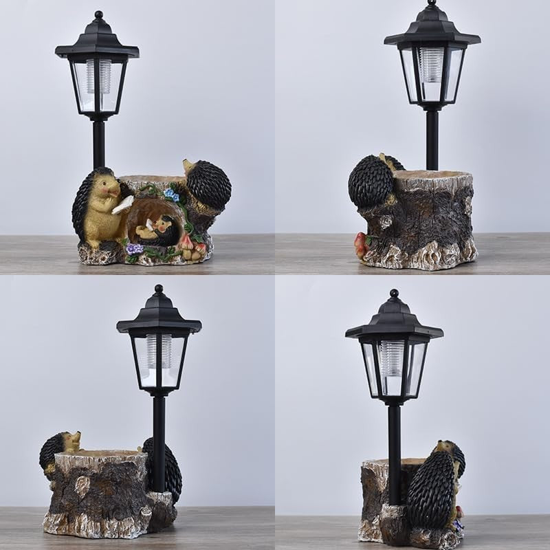 Hedgehog Garden Ornament • Resin Outdoor Statue with Planter & Lamp Post Décor