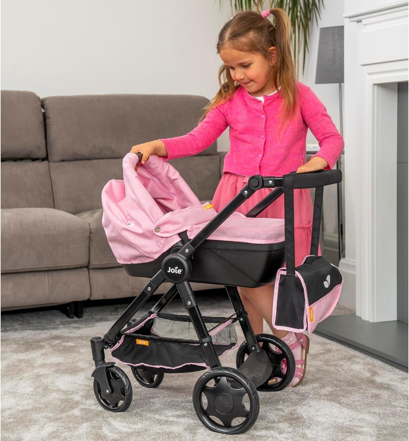 Dolls Pram with Detachable Carrycot, Adjustable Handle, Storage, 3+