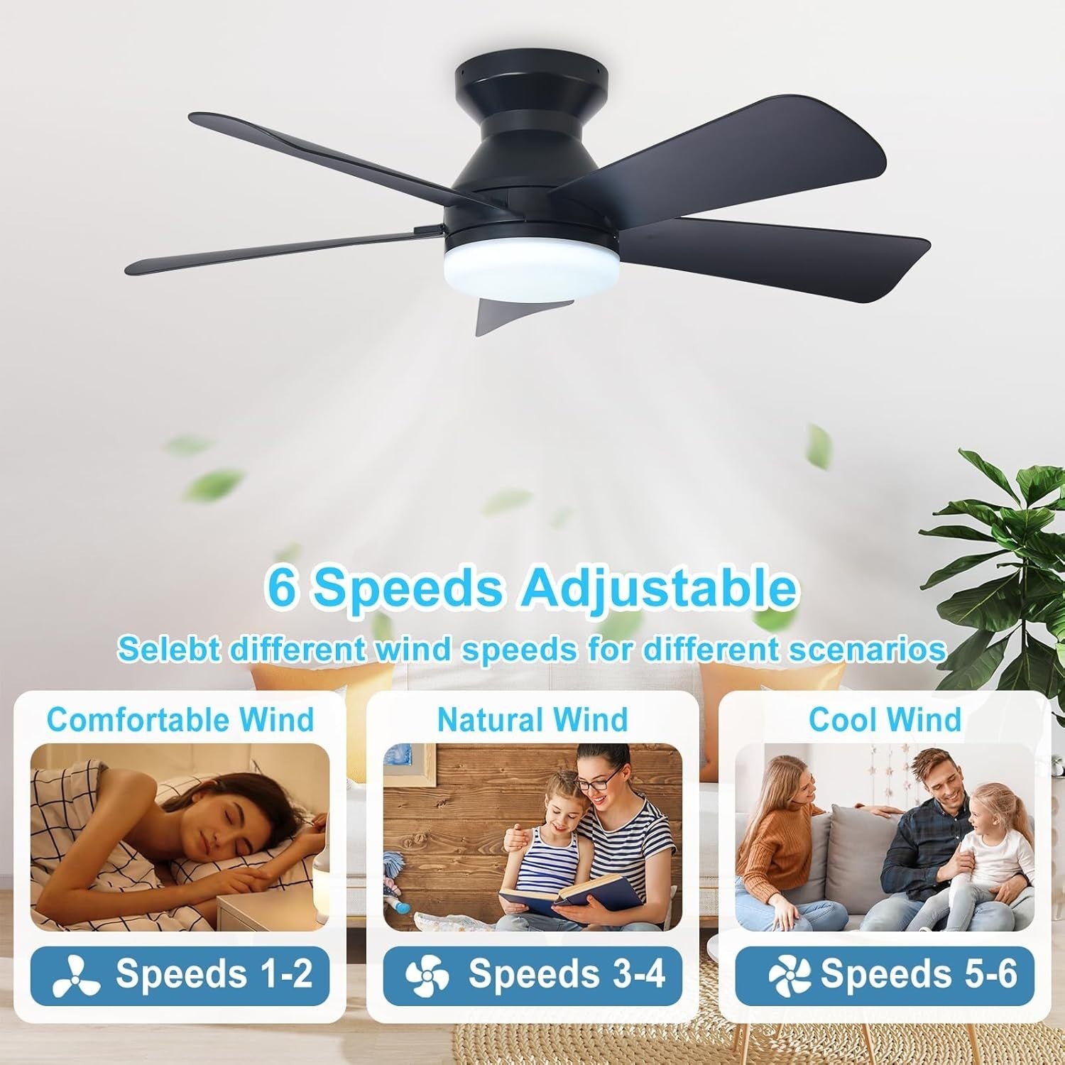 35-Inch Black Ceiling Fan with Lights 5 Blades 6 Speeds Remote