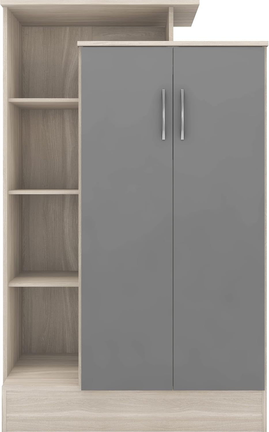 Grey Gloss Wardrobe with Open Shelves 2 Door Storage Cabinet Bedroom Unit