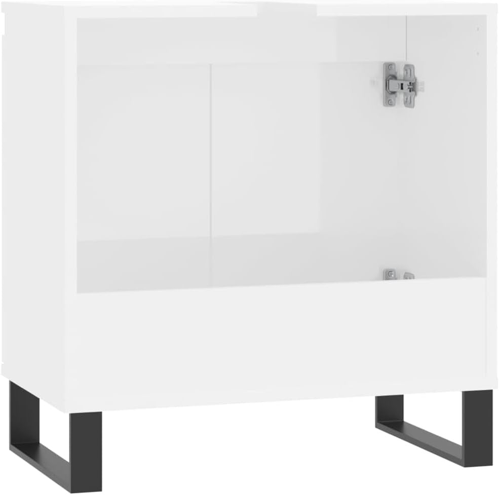 White High Gloss Under Sink Bathroom Cabinet 58cm Modern Vanity Unit w/ Metal