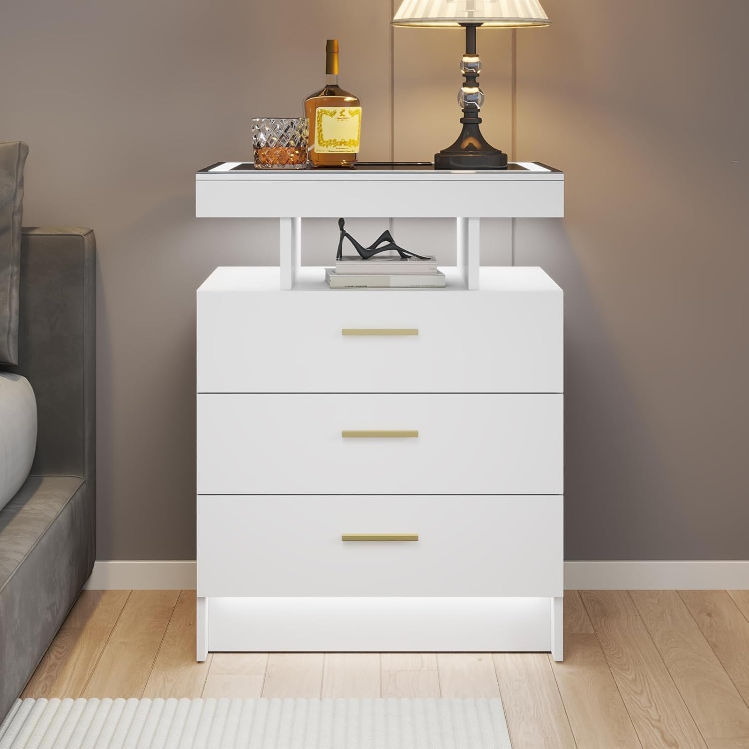 White LED Bedside Table with Wireless Charging, Glass Top & 3 Drawer Storage