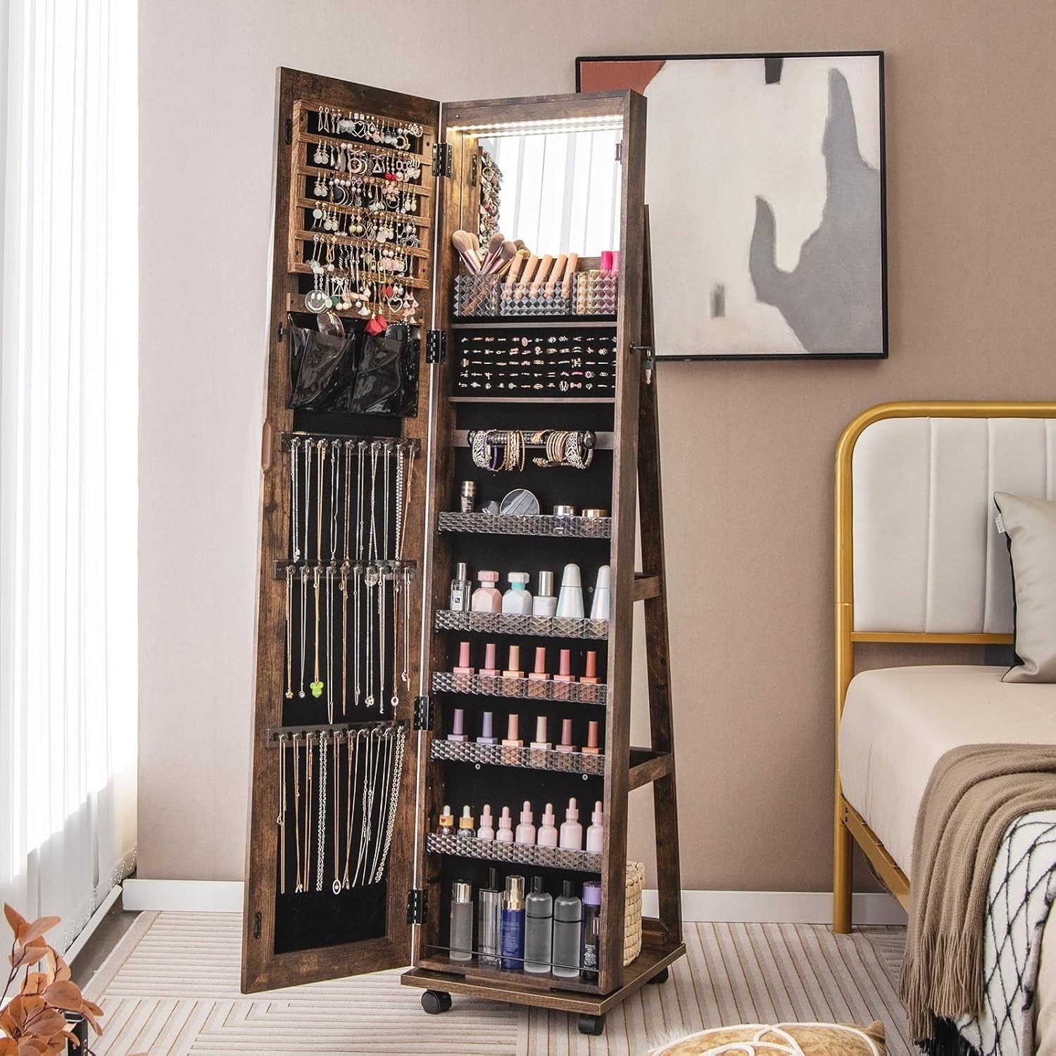 Swivel Jewelry Cabinet with LED Mirror Lockable Storage Wheels Rustic Brown