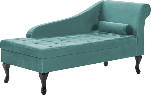 Velvet Right Hand Chaise Lounge with Storage & Cushion, Black Legs, Teal
