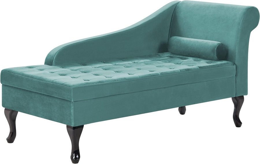 Velvet Right Hand Chaise Lounge with Storage & Cushion, Black Legs, Teal