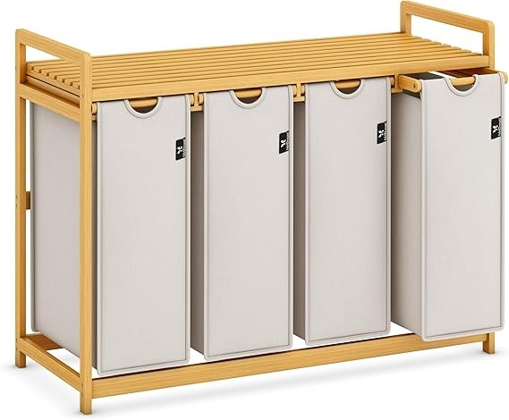 200L Bamboo Laundry Hamper with 4 Removable Bags & Top Shelf Organiser Light