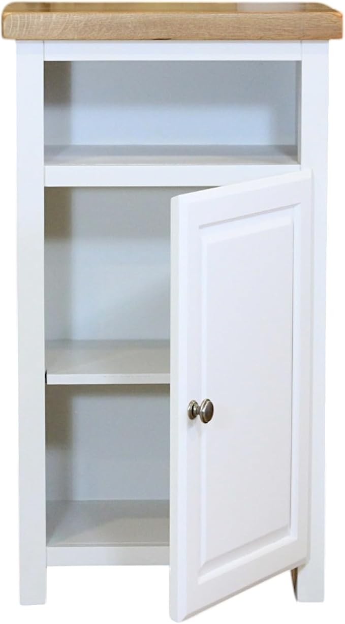 White Slim Wooden Cupboard with Oak Top Bathroom Storage Cabinet Unit