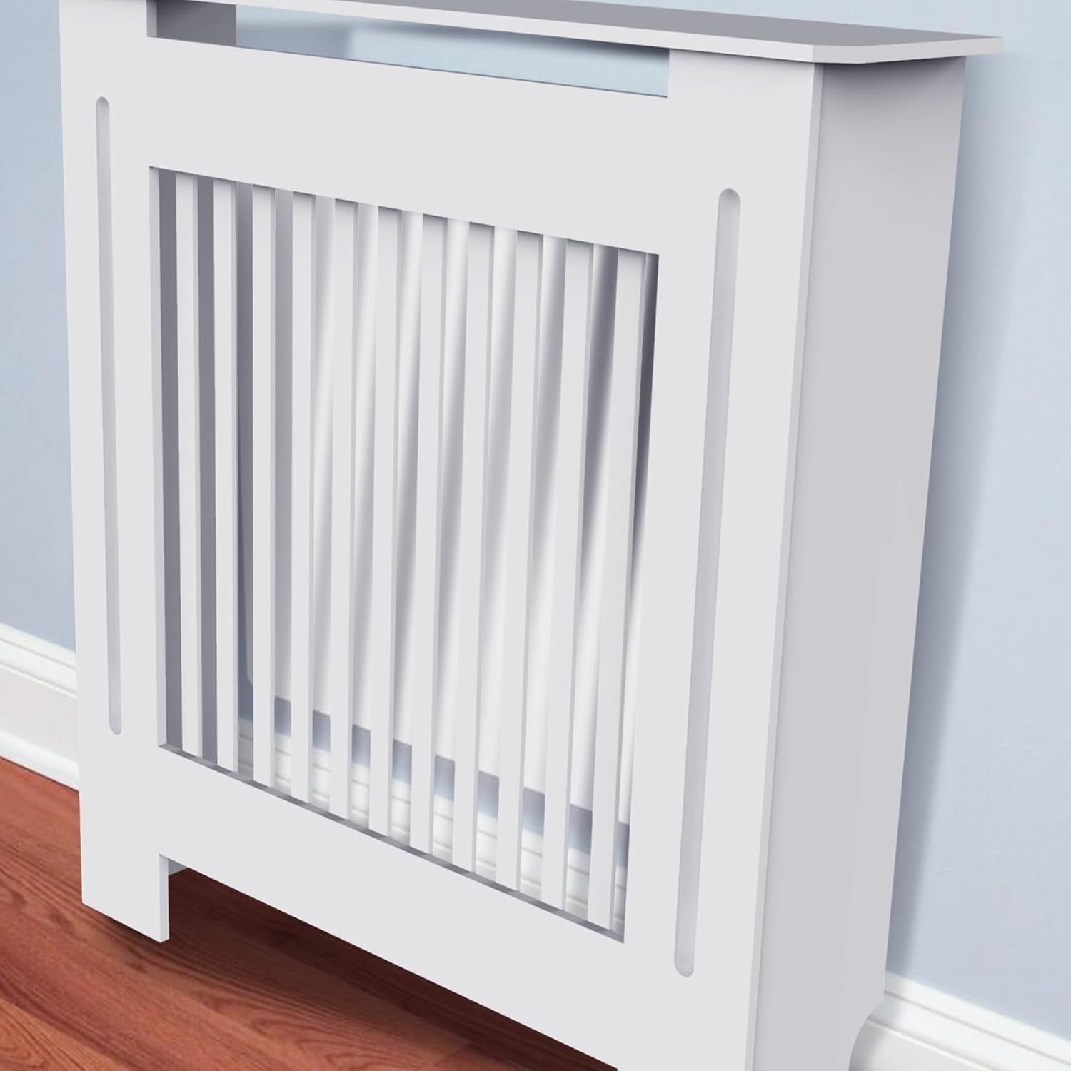 High Radiator Cover White MDF Cabinet | Vertical Slats Modern Shelf 111cm