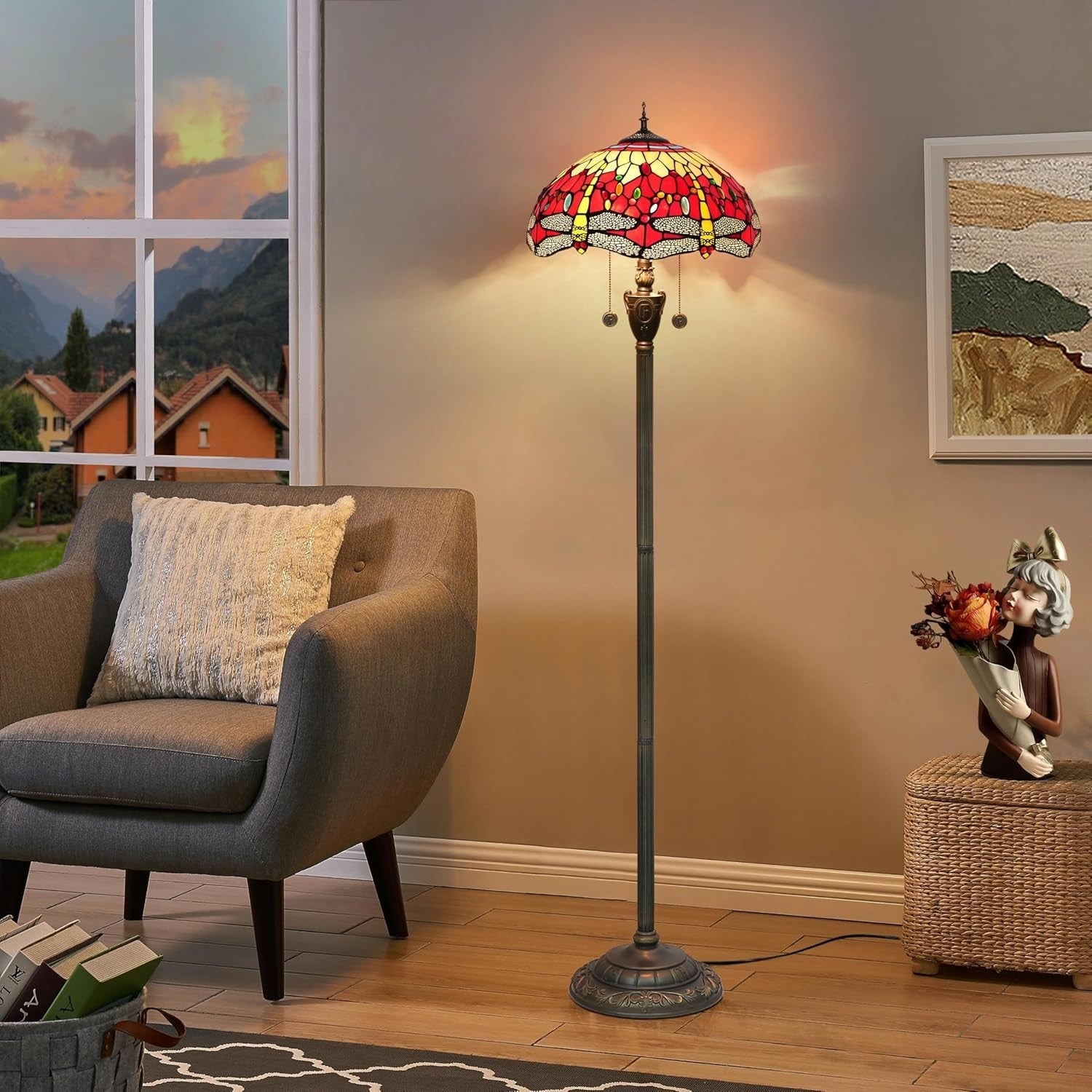 Red Dragonfly Stained Glass Floor Lamp with Vintage Bronze Base & Foot Switch