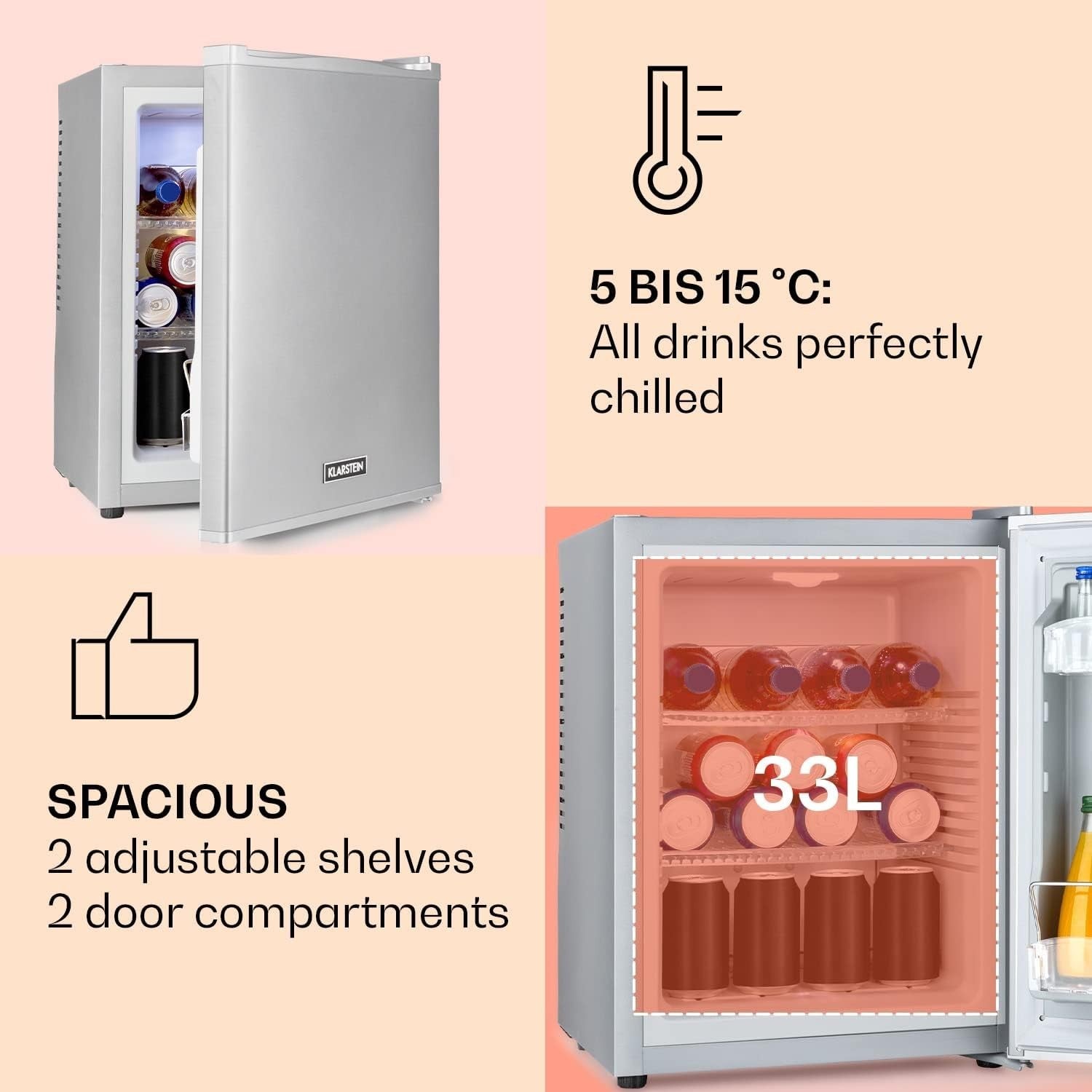 33L Mini Fridge Silver Portable Cooler and Drinks Fridge Adjustable Shelves