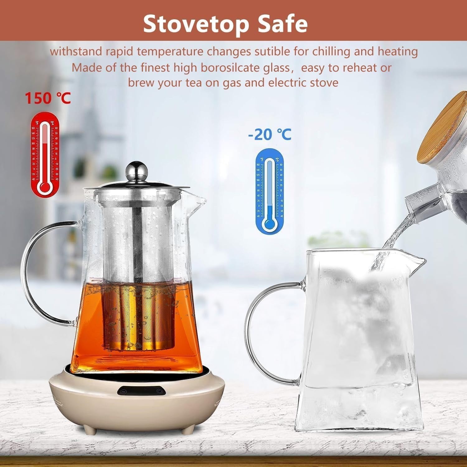 950ml Glass Teapot with Infuser & 4 Cups Loose Leaf Tea Set Clear