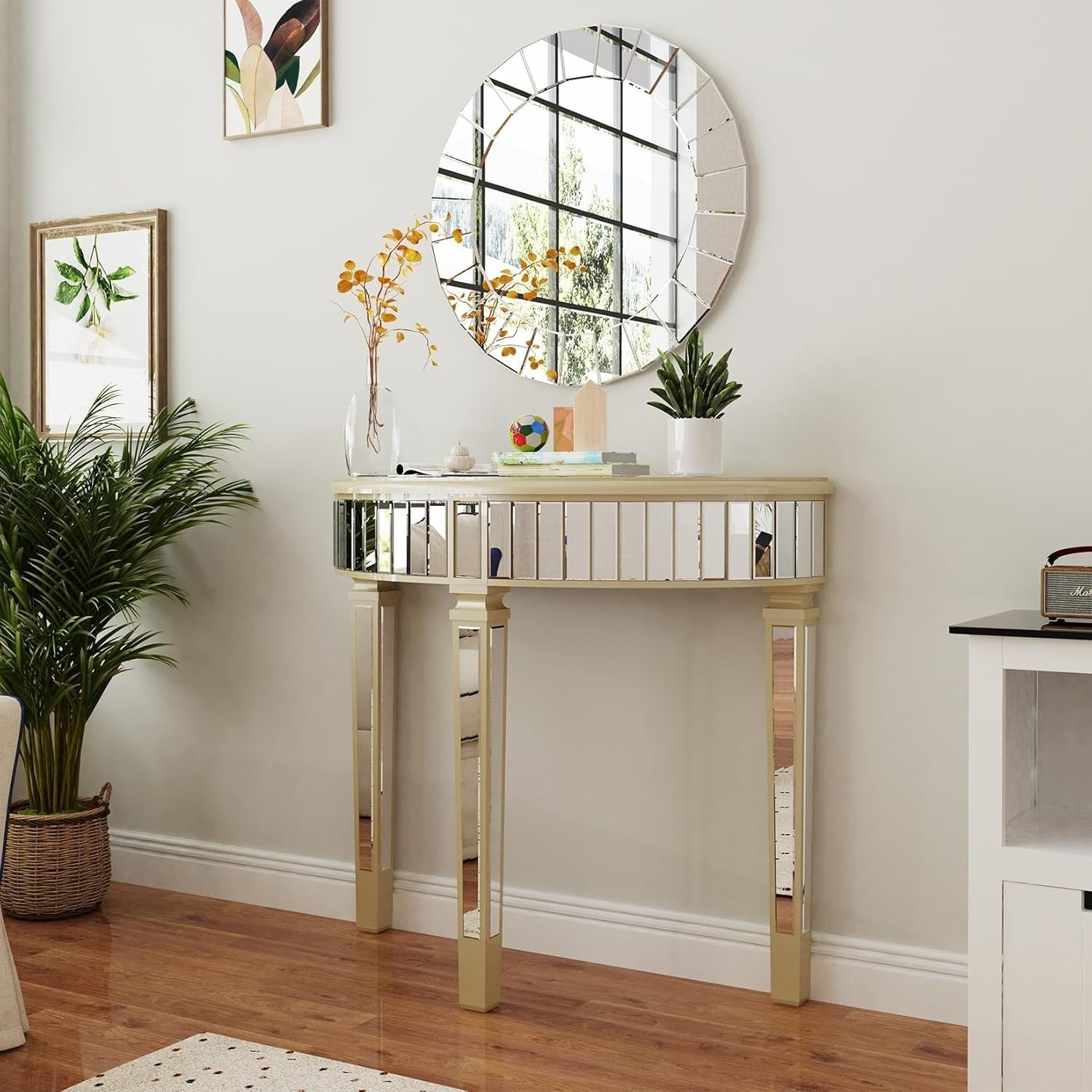 Elegant Mirrored Half Moon Console Table 90x35x80.5cm - Chic Hallway Decor