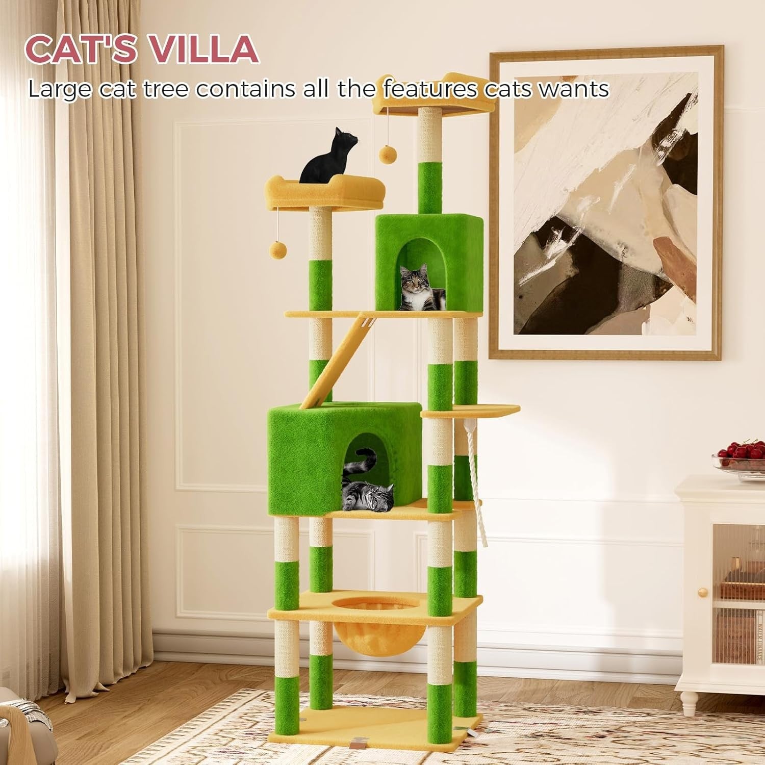 208cm Tall Cat Tree Tower Green Yellow Anti-Tip Multi-Level Condo Scratcher