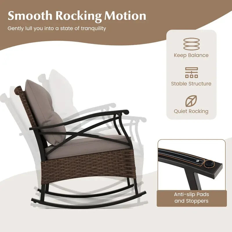 Patio Rattan Rocking Chair Set 3PC With Glass Top Coffee Table Cushions