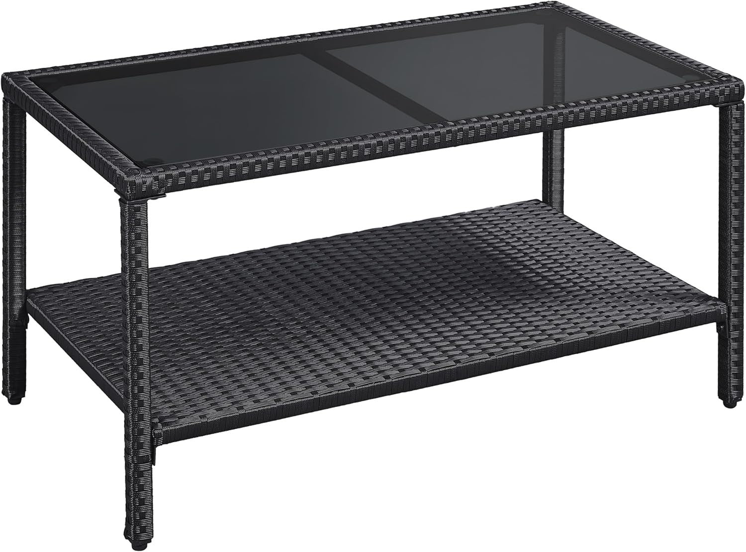 Outdoor Rattan Coffee Table with Glass Top & Storage Shelf – Black Patio Table