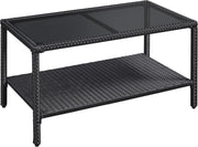 Outdoor Rattan Coffee Table with Glass Top & Storage Shelf – Black Patio Table