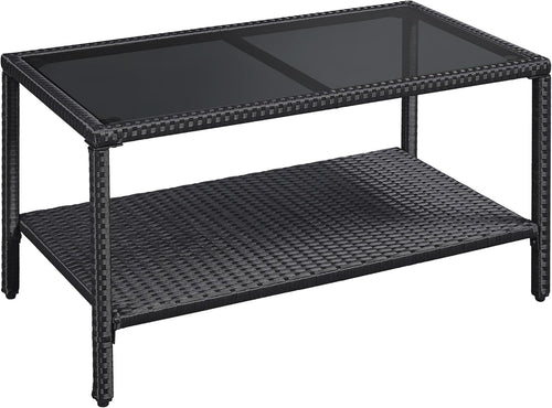 Outdoor Rattan Coffee Table with Glass Top & Storage Shelf – Black Patio Table
