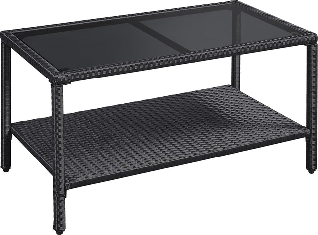Outdoor Rattan Coffee Table with Glass Top & Storage Shelf – Black Patio Table