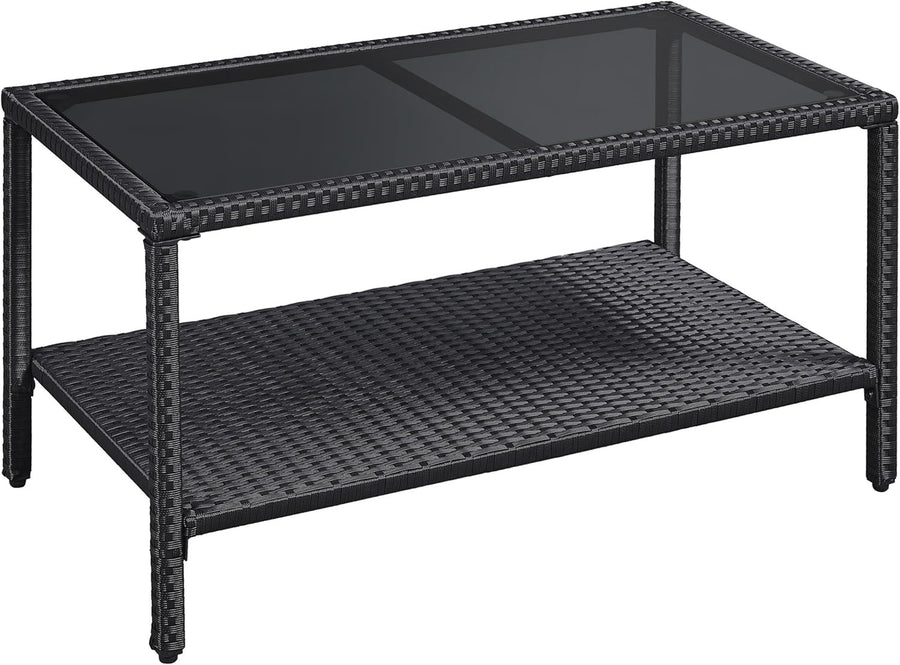 Outdoor Rattan Coffee Table with Glass Top & Storage Shelf – Black Patio Table