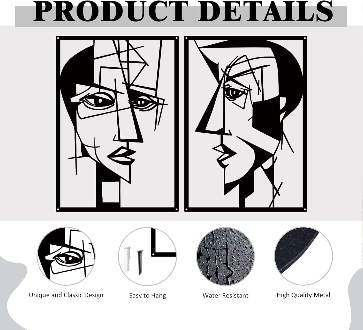 Set of 2 Abstract Metal Wall Art Faces Black Minimalist