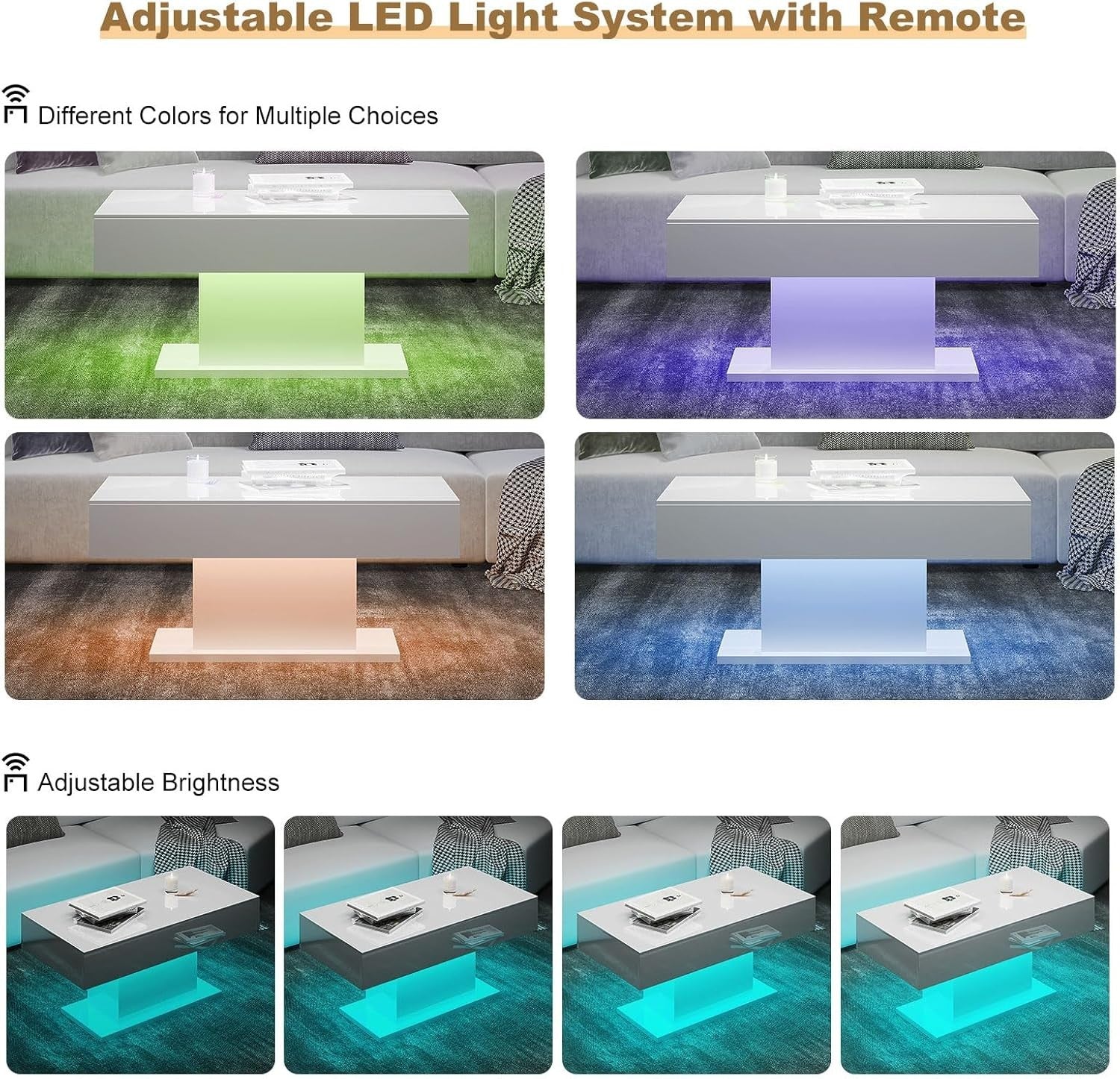 Modern White LED Coffee Table, High Gloss Rectangular 110x55cm