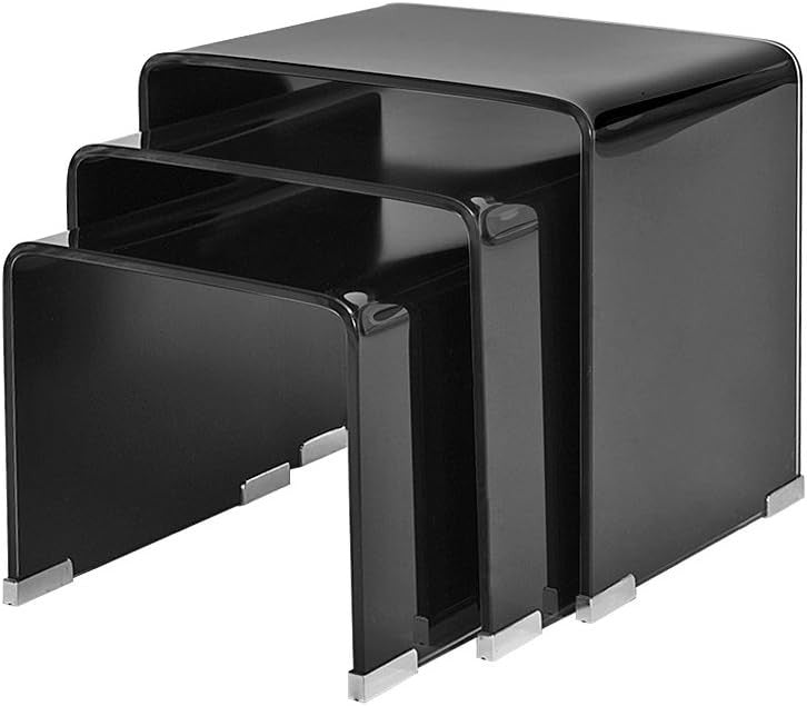 Black Glass Nesting Coffee Table Set Modern Space Saving Rectangular End Side