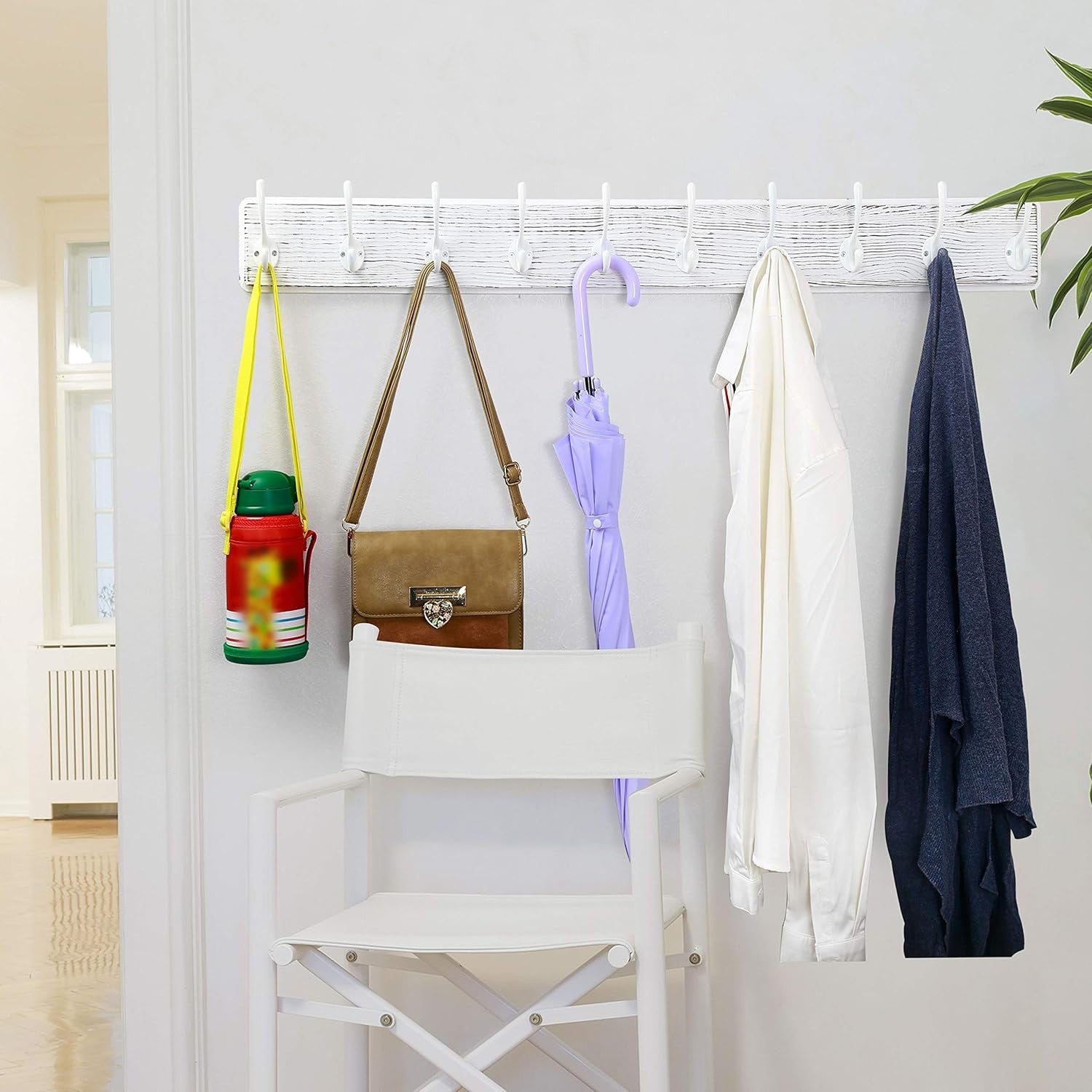 Wall Mounted Coat Rack 10 Hooks | 98cm Wooden Hanging Hook Rail White
