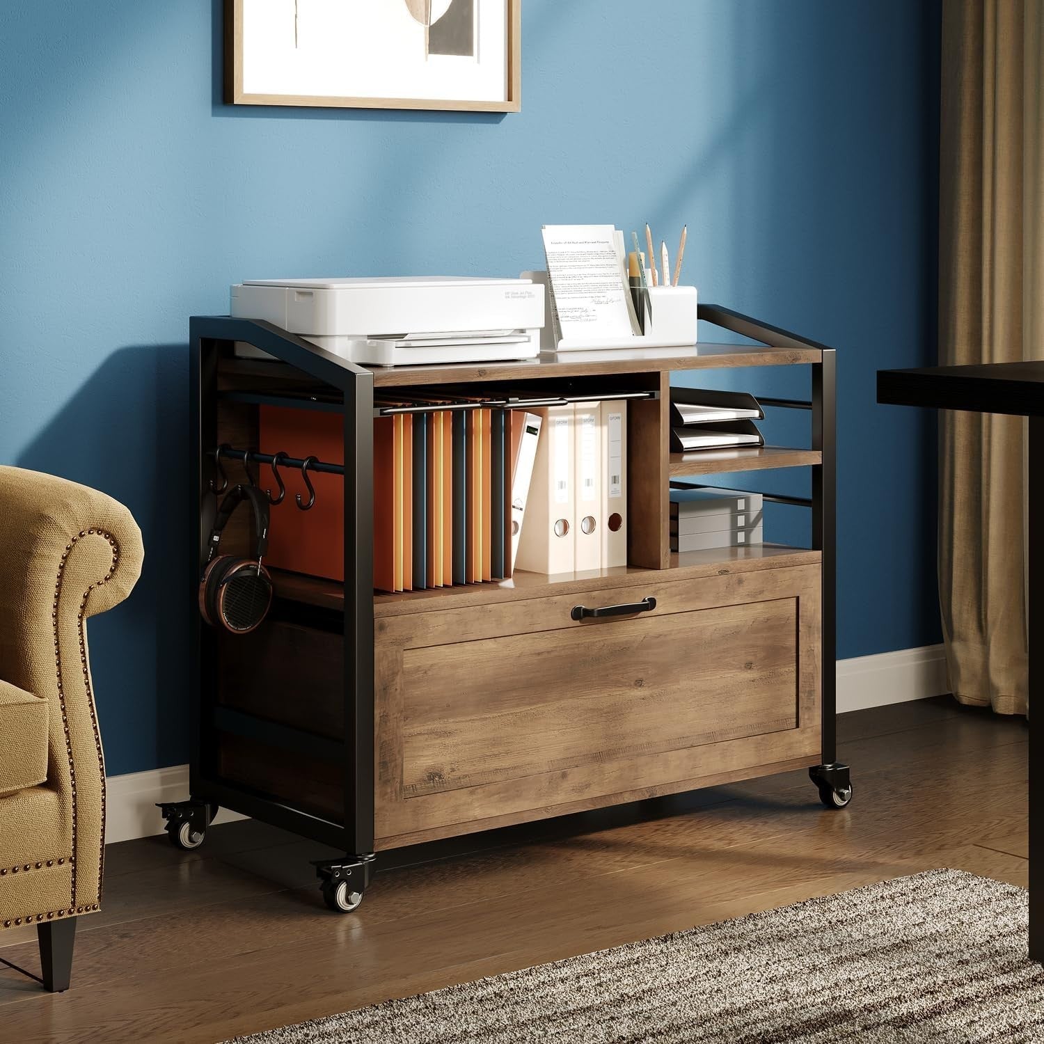 Rustic Oak Rolling Lateral File Cabinet Printer Stand Legal Letter