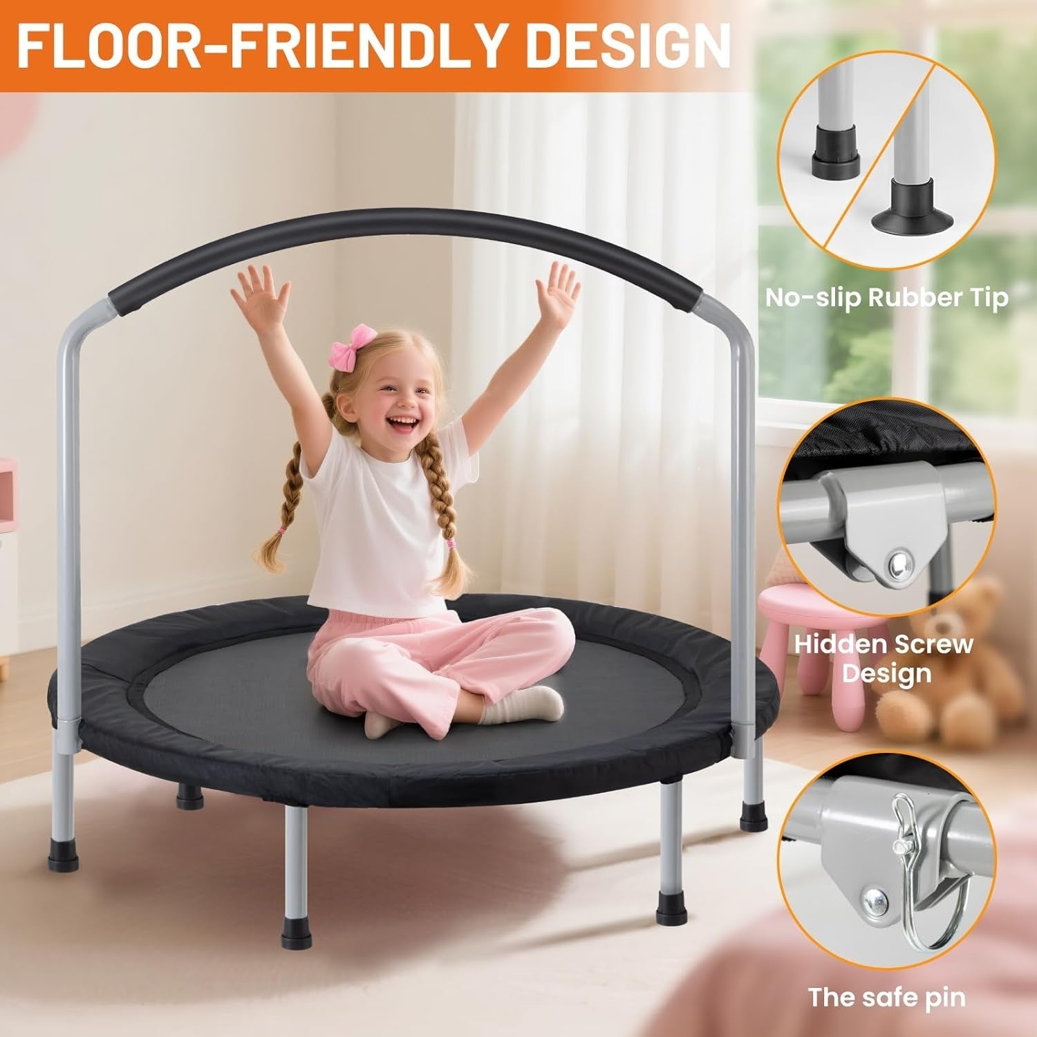 36” Foldable Toddler Mini Trampoline Quiet Indoor Outdoor w Foam Handle