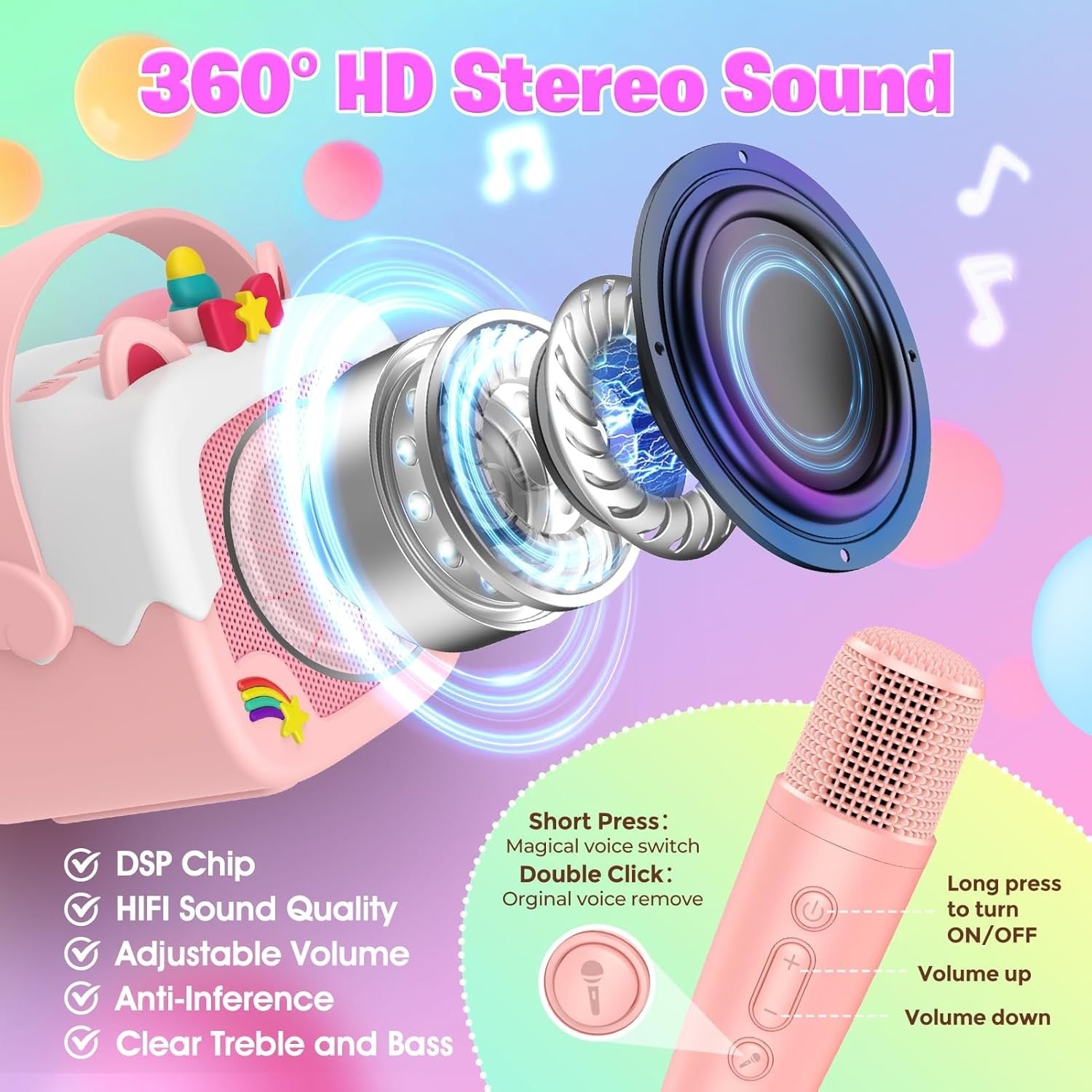 Pink Unicorn Kids Karaoke Machine with Mic Portable Speaker