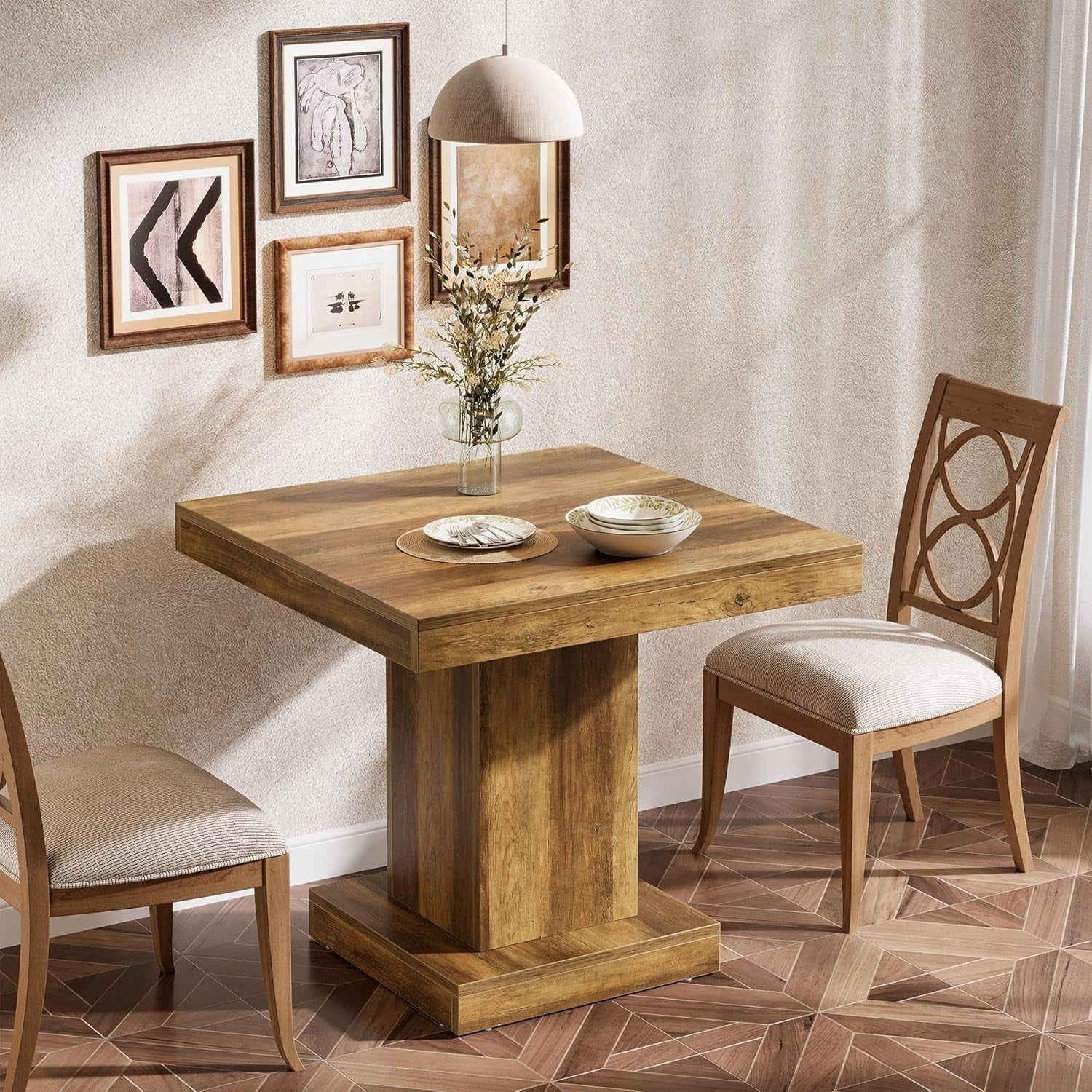 Rustic Square Dining Table 4 Seater Pedestal Base Small Space Home