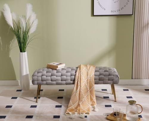 Velvet Ottoman Bench with Gold Metal Legs, Grey Upholstered Entryway Seat