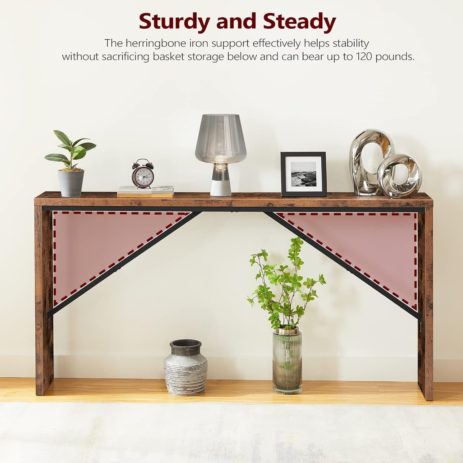 Rustic Brown Console Table, 62.2" Long, Industrial Metal Frame, Multi-Use