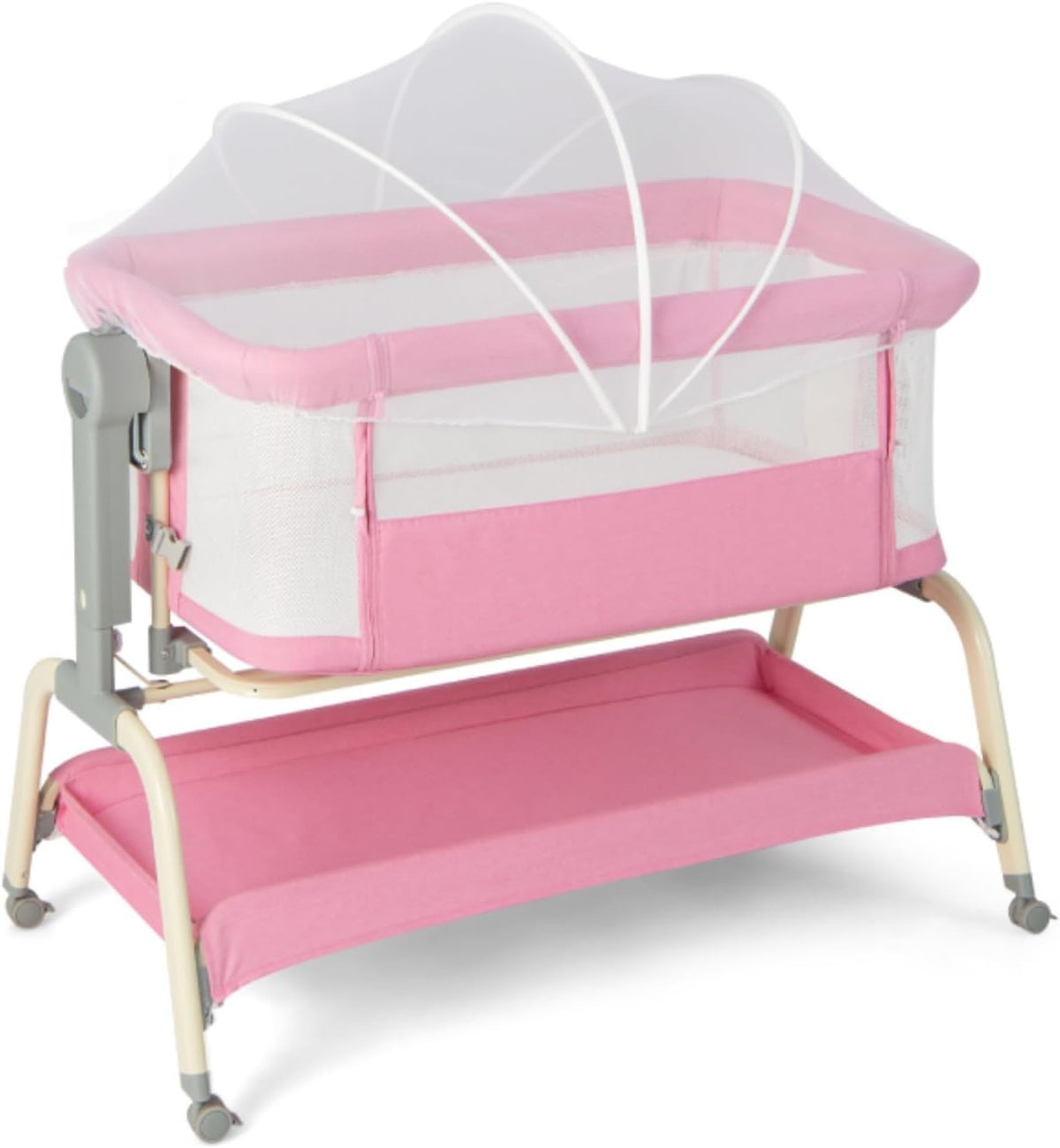 4-in-1 Baby Bedside Crib with Adjustable Height, Mosquito Net & Storage Pink